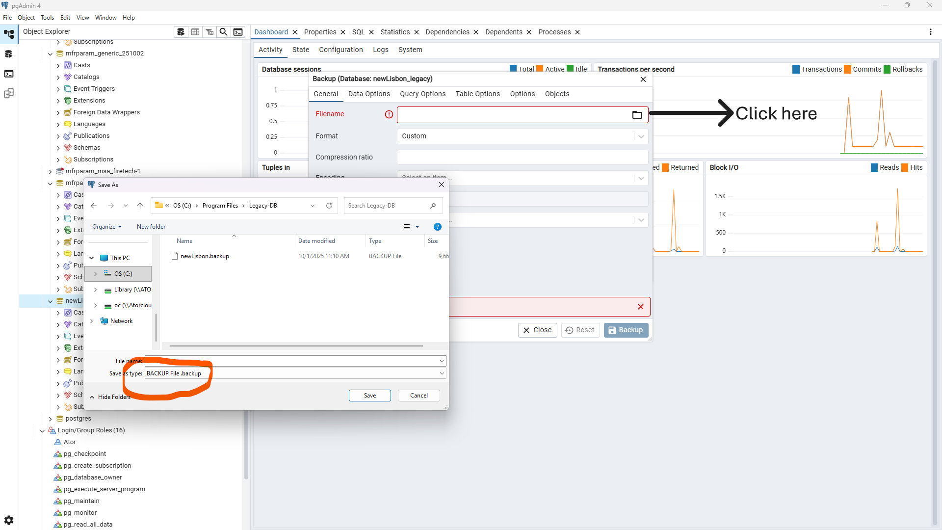 pgAdmin backup dialog selecting Custom .backup format