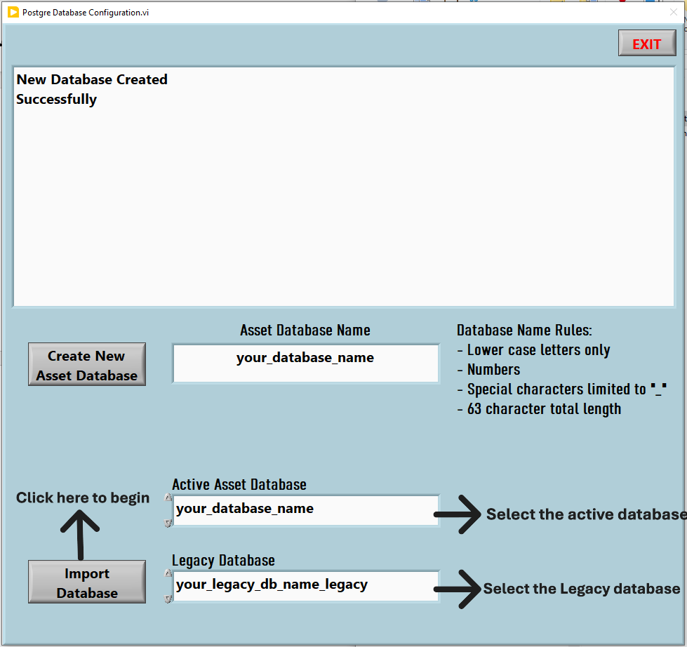 Postgre Database Configuration showing Active and Legacy database import screen
