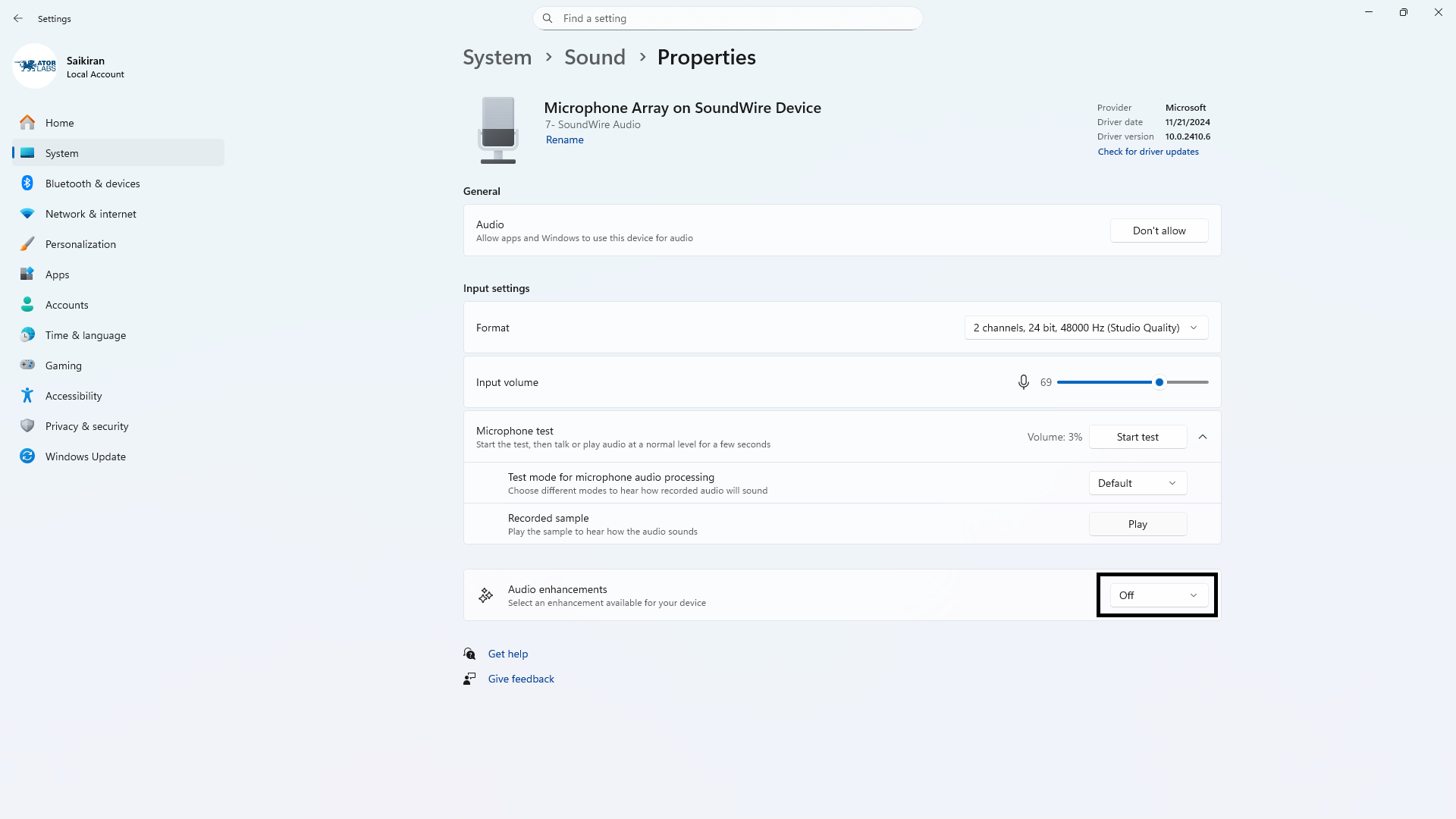 Windows Sound microphone properties showing Audio enhancements set to Off